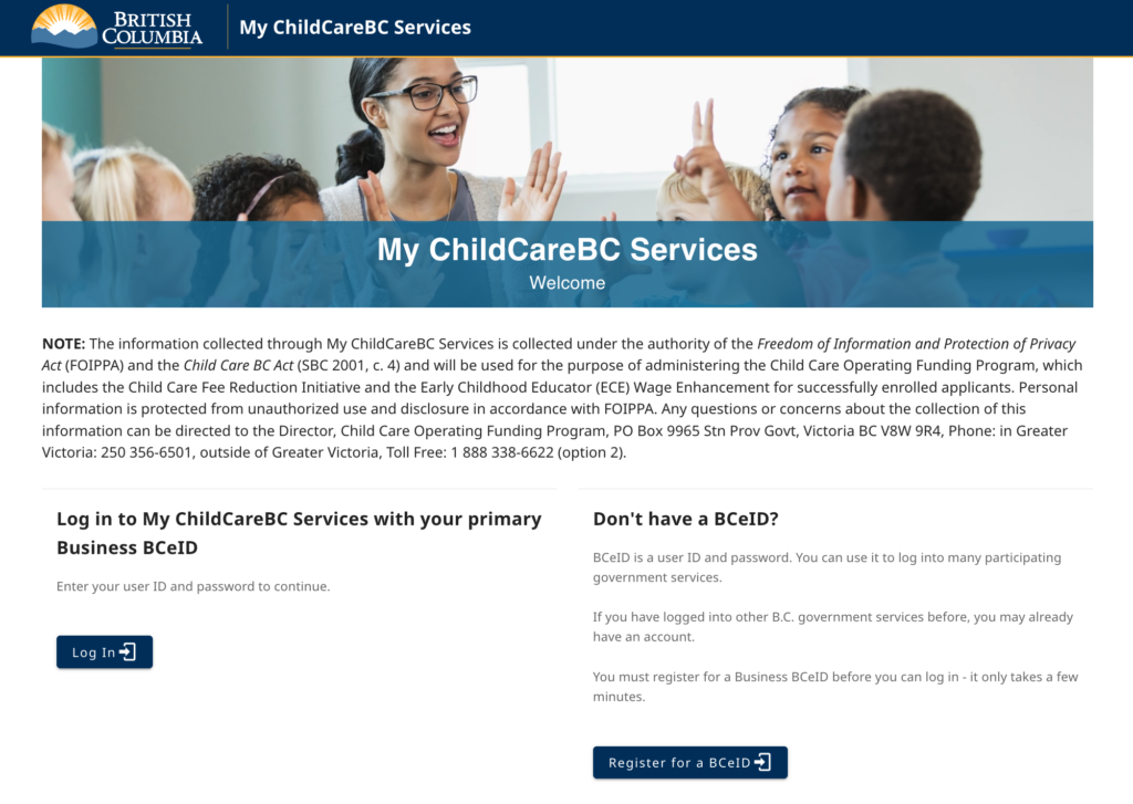 A screenshot shows the main login screen for the My ChildCareBC Services portal.