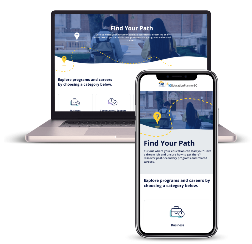 A laptop and a smartphone displaying the same website, "Find Your Path." The screen shows a section of the site where users can explore programs and careers by choosing a category. 